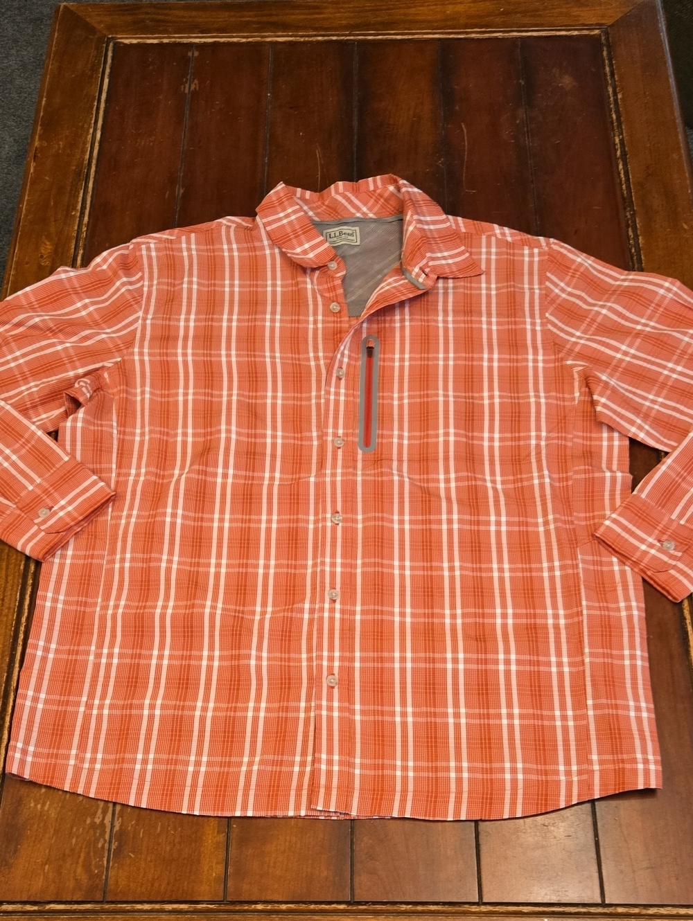 L.L. Bean Men's Orange and White Plaid Lightweight Button-Down Shirt